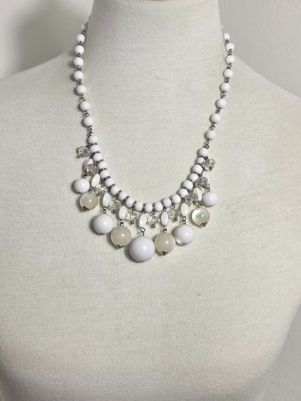 Vintage Statement Bib Necklace White Multi-Layered Dangling Bead Design